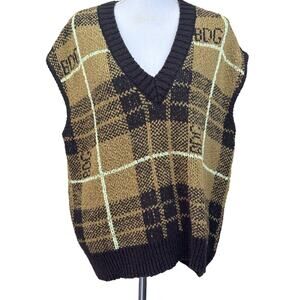 BDG brown/gold/tan sweater vest, small, layering, academic, thick, cozy, plaid